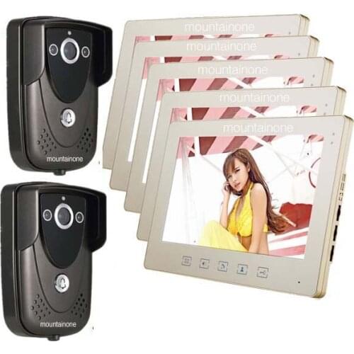 MOUNTAINONE New Luxury 10 inch Video door phone(2 cameras+5 monitors),700 TVLine HD camera ,waterproof cover. 1 to 2