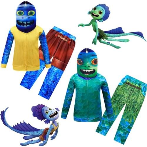 Halloween Luca Alberto Clothes Anime Kids Carnival Cosplay Costume Fish Monster Boys Sweatshirt Hoodies Zipper Tops Pants Outfit