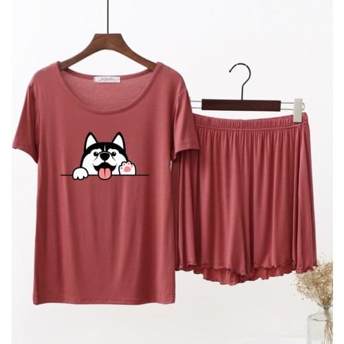 Summer Loose Elastic Modal Cotton Short Sleeve Women Pajamas Leisure Solid Homewear Cute Smiling Puppy Cartoon Women Sleepwear