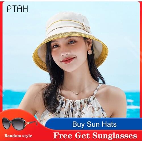 [PTAH] Fashion Bucket Hats Womens UPF 50+ Wide Brim Straw Lightweight Foldable Beach Hats Breathable Sun Protection Cap Female