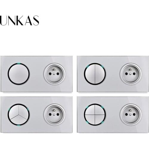 UNKAS Grey 1 2 3 4 Gang 1 / 2 Way Random Click On / Off Pass Through French Light Switch LED Indicator Gray Crystal Glass Panel