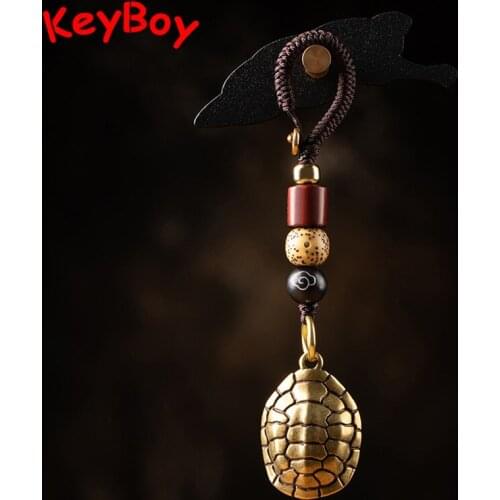 Vintage Brass Turtle Shell Anticient Chinese Texts Lucky Key Chain Pendant Trinkets Handmade Woven Rope Keyring Lanyard Hangings
