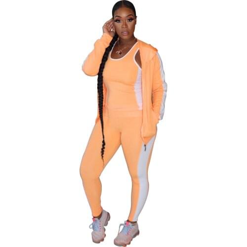 Women Sport Suit Color Block Spliced Slim Tank Tops And Jogger Sweatpant long Sleeve Hooded Jacket Three Piece Set Outfits