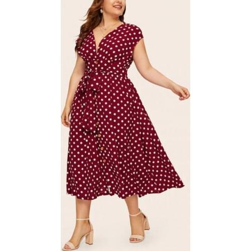 L-5XL Plus Size Women Dresses Summer 2021 Large Size Ladies Polka Dot V-Neck Printed Button Belt Midi Dress Robe Femme