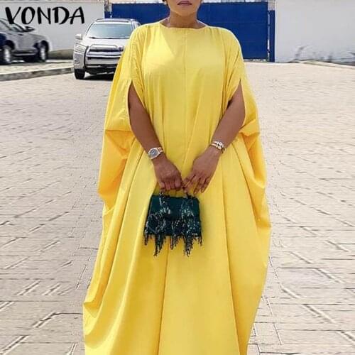 Women Dress VONDA 2021 Summer Shorts Sleeve Casual Crew Neck Long Maxi Robe Bohemian Vestidos Beach Sundress Femme