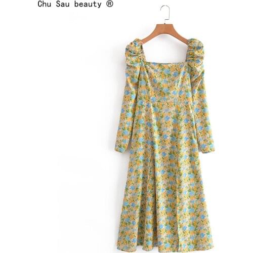 2021 Summer Vintage Prairie Chic Square Collar Puff Sleeve High Waist Elastic Folds Fashion Sexy Split Floral Print Women Dress