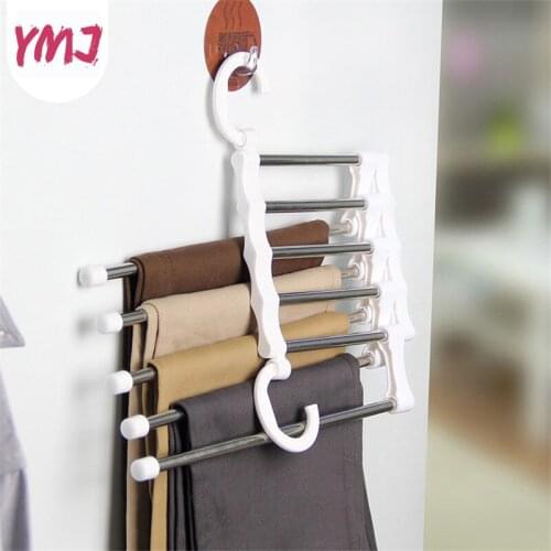 1Pc Multi-function Hangable Five-in-one Anti-wrinkle Magic Pants Rack Telescopic Stainless Steel Drying Pants Rack Double Hook
