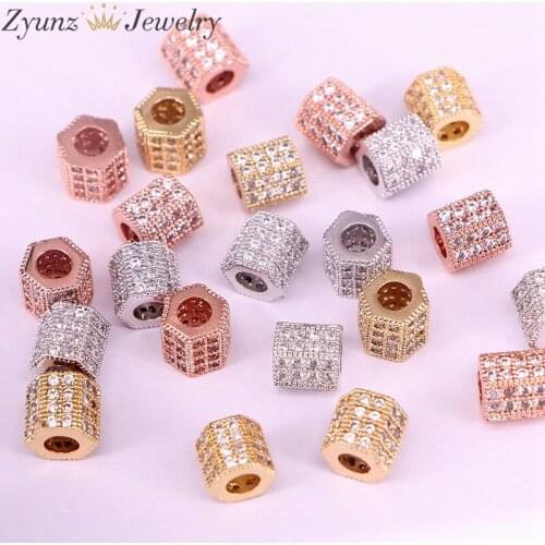 10PCS, CZ Big Hole Six-sided/Hexagonal Tube Clear Micro Pave Beads, Cubic Zirconia Beads, Findings
