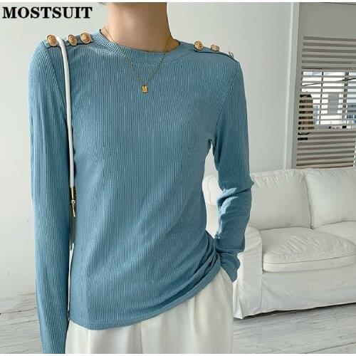 2021 Autumn Gold Buttons Women T Shirt Tops Full Sleeve O-neck Solid Slim Pullover Korean Fashion Casual Female T-shirt