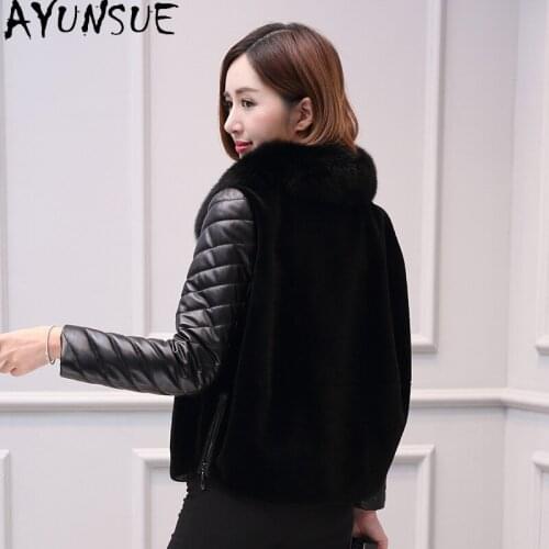 AYUNSUE Real Fur Coat Women Winter Genuine Leather Jacket Fox Fur Collar Sheep Shearing Casaco Feminino Inverno CY644Q60 KJ5056