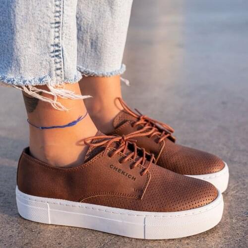 Chekich Womens and Mens Casual Shoes Tan Color Non Leather Laced Summer Autumn Seasons Brown Unisex Sneakers Classic Wedding Lightweight Comfortable Breathable Orthopedic Vulcanized Material Canvas CH061 Women V4