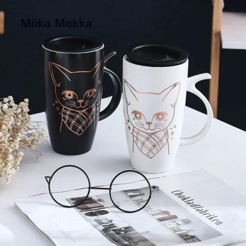 Black and White Cat Ins Ceramic Cup 580ml Big Capacity Cute Student Korean Style Cute Cartoon Mug with Lid Milk Water Coffe Cup