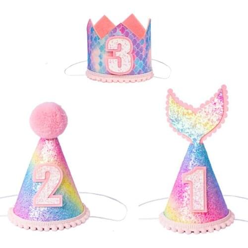 Birthday Hat 1 2 3 Year Birthday Crown 1/2 Birthday Girl Mermaid Crown Hat Newborn Baby Number Cap Girl Birthday Party Supplies