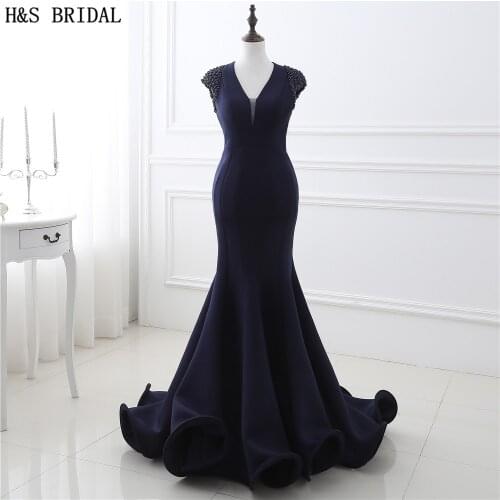 H&S BRIDAL V-neck Cap Sleeves mermaid evening dress Pearls evening prom dresses 2017 Backless Ruffles dresses evening wear
