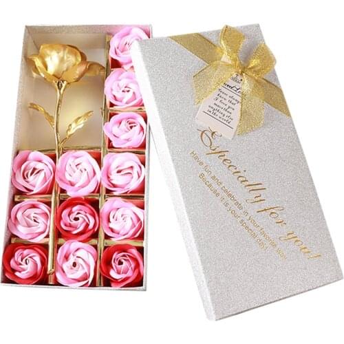 Valentines Day Artificial Gold Foil Rose Fkae Flower Box 13 Rose Heads with 1 Golden Rose Branch Flower Scented Roses foil box