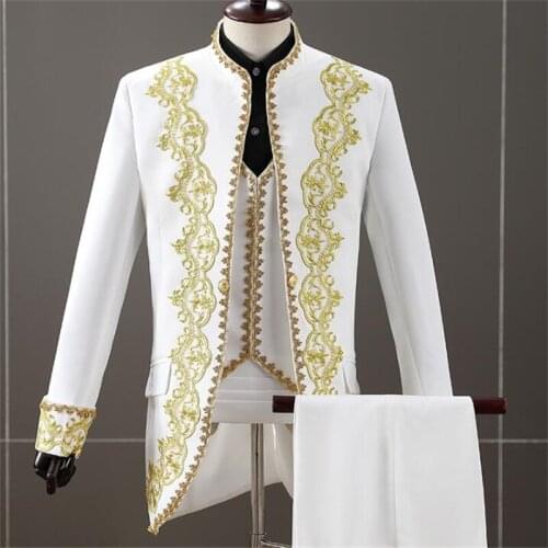 Tuxedo suit mens embroidery blazers sets white stage magic performance self-cultivation host middle-aged elderly choir dress