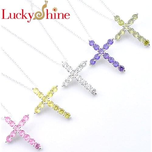 Luckyshine Trendy Jewelry Pink White cross Crystal Zircon Gems Silver Necklaces Pendant Russia USA Necklaces Pendant 3.3*2.4cm