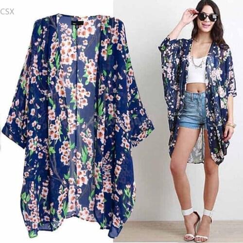 MwOiiOwM 2018 Bohemia Women Ethnic Floral Print Chiffon Long Kimono Top Blouse Cardigan SX-001426