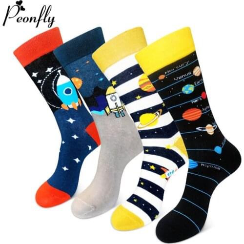 PEONFLY Cute Cartoon Space Socks Men Cotton Alien Planet Star Pattern Cotton Socks Harajuku Creative Funny Happy Socks