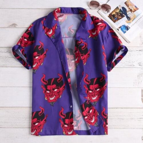 Mens Summer Devil Print Fashion Shirts Casual Short Sleeve Beach Tops Purple And Pink Loose Casual Unique Charm Shirt