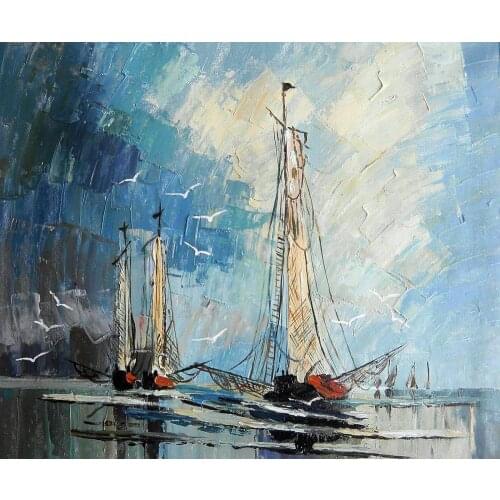 Contemporary Art Modern Landscape Oil Painting for Living Room Home Decor Boats in the Sea Hand Painted Painting Horizontal