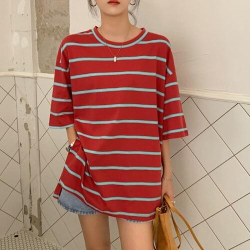 Tops Student Split Striped Round Neck Short-sleeved T-shirt Female Summer New Style Korean Loose and Thin Casual Top