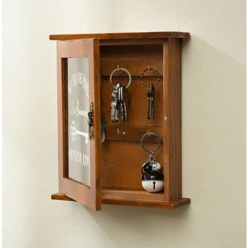 Vintage European Style Wooden Key Storage Cabinet Key Holder Box with Hanging Hooks