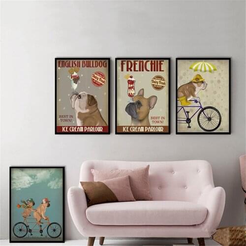 French Dog Ice Cream Parlour Vintage Poster Hanging Wall Art Kids Room Decor Pug Bicycle Wall Painting Canvas Picture Cuadros