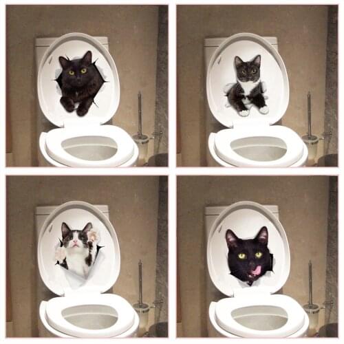 Vivid 3d Hole Funny Cat Dog Toilet Stickers Diy Wc Washroom Home Decoration Cute Kitten Puppy Pet Animals Wall Art Decals