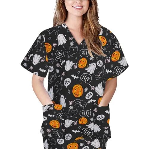 Halloween women Blouse Tops Cartoon print spa uniform beauty salon Pet shop uniform Fashion Slim Fit top scrub clothes Workwear