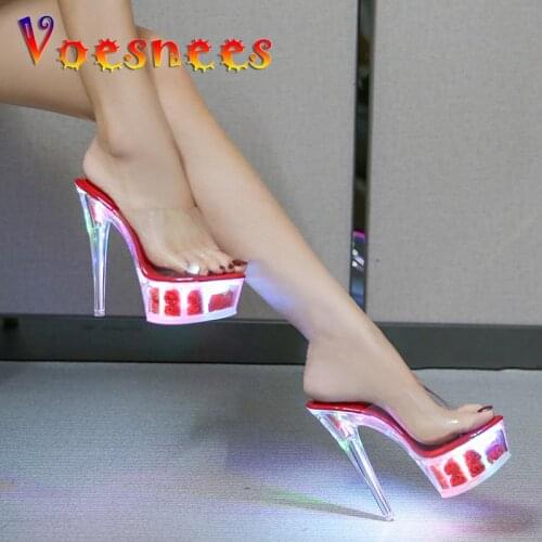 Voesnees Glitter Shoes Slippers Women Sexy Super High Heels Luminous Stiletto Platform Sandals Transparent Clear Wedding Shoes