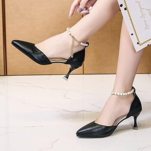 2021 New Dress Shoes String Bead Ankle Strap Sandals High Heels Pearl Woman Pumps Office Shoes Womens Shoes Shoe for Women