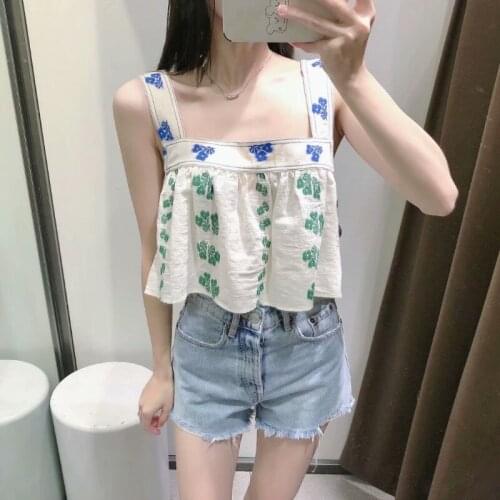 Women Floral Print Cropped Cotton Tops Sleeveless Wide Straps Patchwork Beach Blouses Woman White Vintage Fashion Pleated Shirt