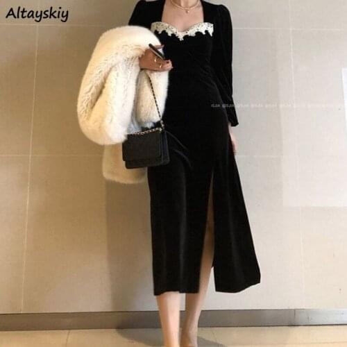 Velvet Dresses Women Patchwork Lace Mid-calf Side-slit Korean Style Elegant Club Party Female Popular Trendy Vestido Feminino