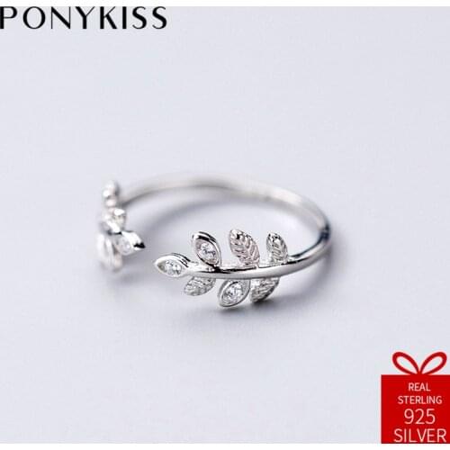 PONYKISS Romantic 100% 925 Sterling Silver Adjustable Opening Zircon Ivy Leaf Ring Fine Jewelry Women Creative Birthday Party