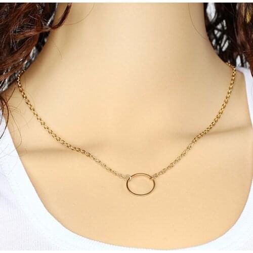 1Pc Fashion Circle Pendant Necklaces Simple Gold Color Choker Necklace Women Short Clavicle Chain For Ladies Girl Wholesale