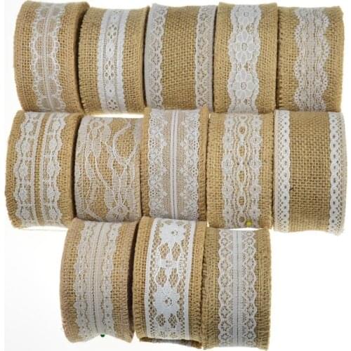 5cm 2yard/roll Natural Jute Burlap Hessian Ribbon with Cotton Lace DIY Trim Fabric For Sewing Wedding Decoration Accessories