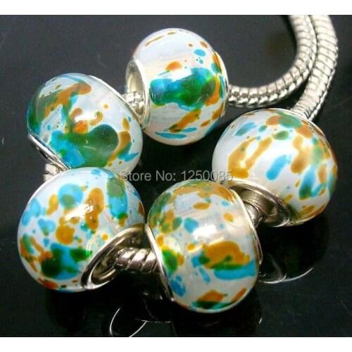 50Pcs Fashion Lake Blue Spray Paint Design Round European Lampwork Glass Beads Fit Bracelet & Necklace LGB268-4