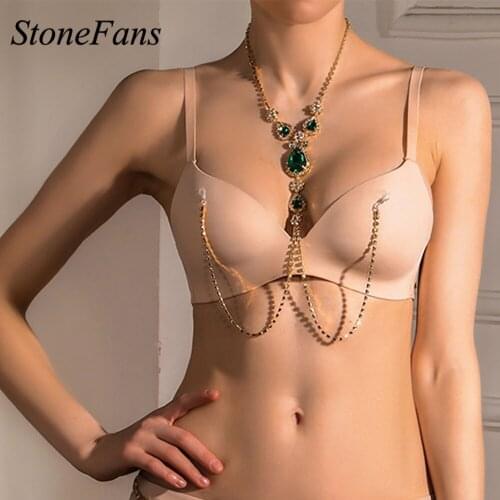 Stonefans Green Crystal Nipple Chain Women Body Harness Necklace Luxury Rhinestone Chest Chain Sex Bikinis Body Chain Jewelry