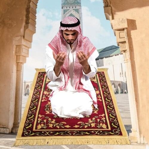 Islamic Muslim Prayer Mat Faux Cashmere Velvet Thick Carpet Blanket Floral Printed Tassel Ramada Kneeling Rug Liturgical Mats