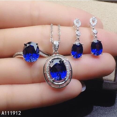 KJJEAXCMY fine jewelry natural sapphire 925 sterling silver women pendant necklace chain ring earrings set support test classic