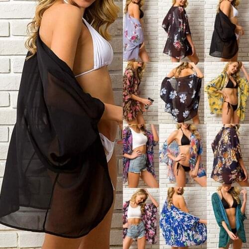 Summer Women Chiffon Floral Kimono Beach Cardigan Sheer Cover Up Swimwear Long Blouse Shirts Female Tops