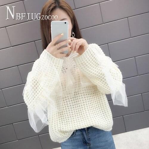 Sweet Design Women Sweater V Neck Long Sleeve Lace Female Sweaters