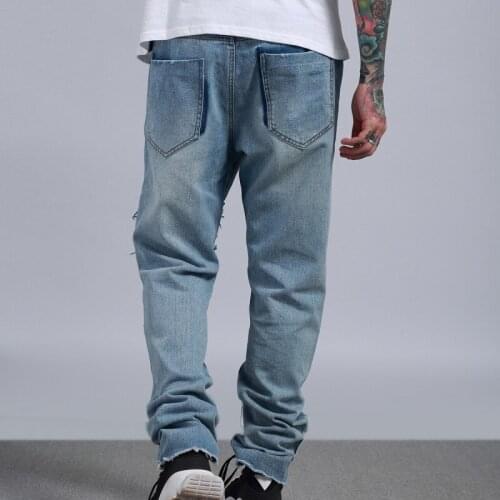 Fashion Mens Denim Long Pants Vintage Frayed Patchwork Wide Leg Jeans Street Hip Hop Washed Biker Zipper Quality Trousers Men
