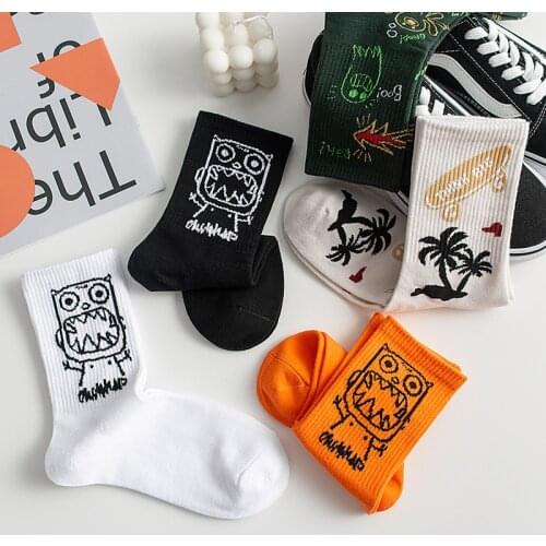 Socks for Girls Cotton Cartoon Pattern Hip Hop Style Breathable Mid Tube Socks Skateboard Socks 1Pair Soft Long Sock for Women
