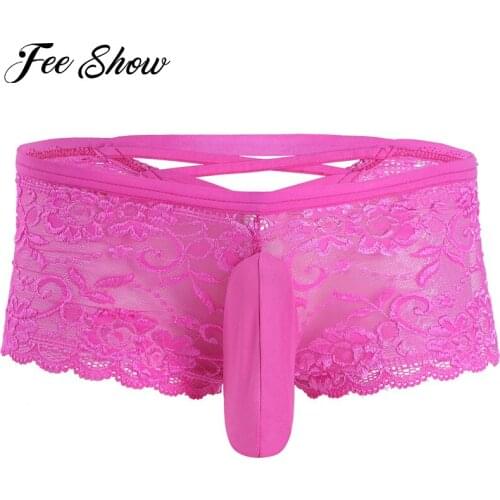 2020 New Sexy Men Lingerie Comfortable Underwear Floral Lace Criss-cross Back Stretchy Boxer Underpants with Closed Penis Sheath