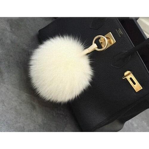 13-15cm Luxury Fluffy Real Fox Fur Ball Pom Pom Plush Size Genuine Fur Key Chain Metal Ring Pendant Bag Charm TKK010-beige