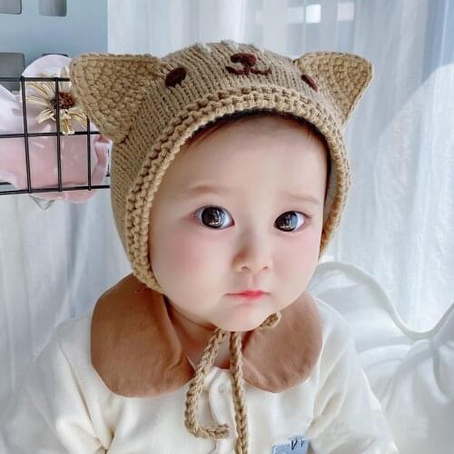 3-15M Toddler Baby Girl Boy Hat Knitted Skullies Beanies Cute Cat Lace Up Hat Winter Warm Brushed Kids Hats and Caps Accessories