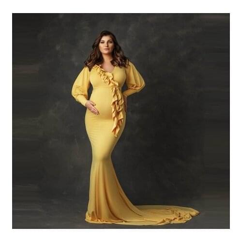 Chic Light Yellow Long Pregnancy Gowns Long Sleeves Ruffles With Train Chiffon Women Maternity Dresses Stretchy Photo Shoot