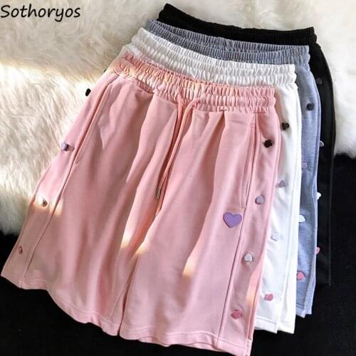 Women Harajuku Shorts Heart Button Sweet Girls Designer Loose Lovely Workout Leisure Teenagers Hipster New-arrival Elastic Waist